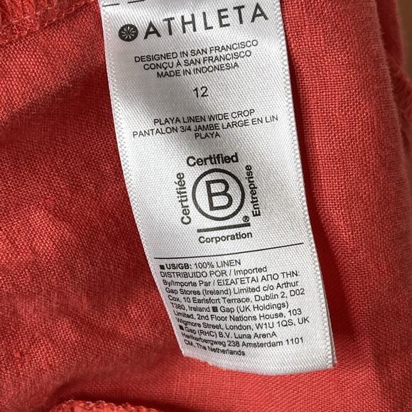 Athleta Playa Linen Wide Leg Crop Pant Beachy Boho Lagenlook Coral Culottes 12 - Picture 9 of 10